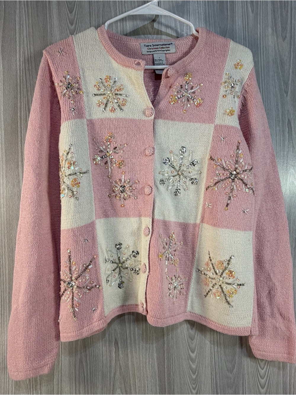 Vtg Tiara International Heirloom Pink Beaded Snowflake Embroidery Winter Sz L